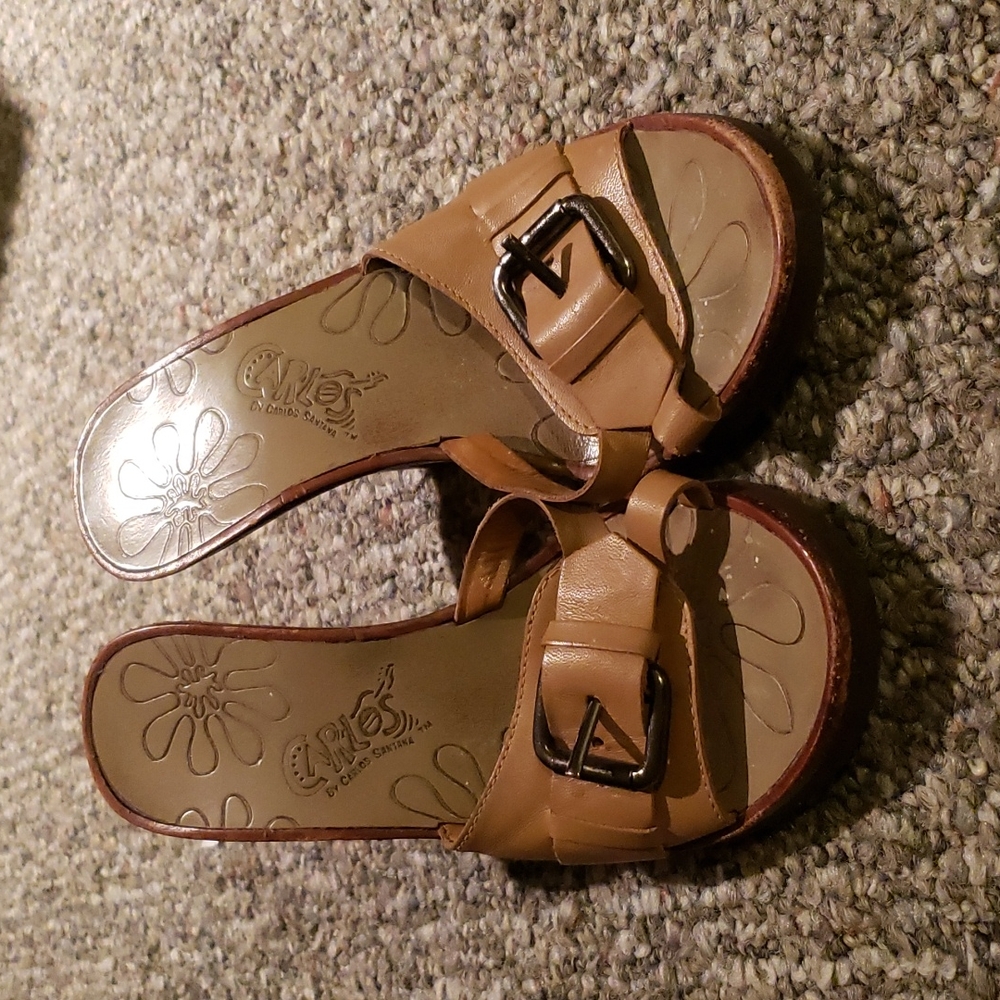 **LIGHTLY WORN** Carlos Santana Wood and Leather Heeled Sandals
